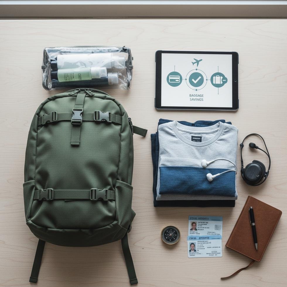 Küçük çanta ile havalimanında yürüyen bir yolcu