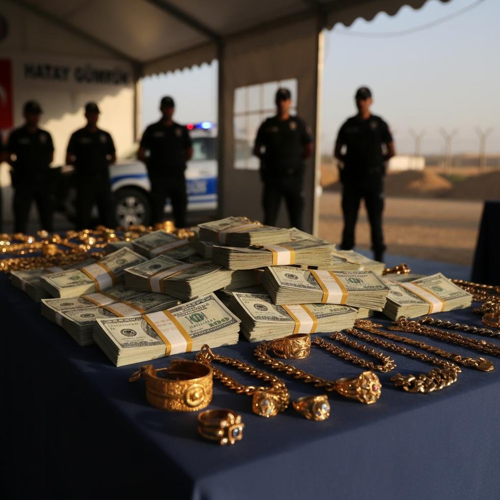 Hatay’da polis tarafından el konulan sahte dolarlar ve altınlarla yapılan basın açıklaması
