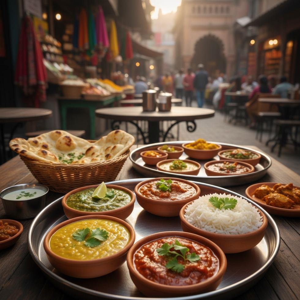 Hindistan’da dışarıda yemek masasında servis edilen thali tabağı