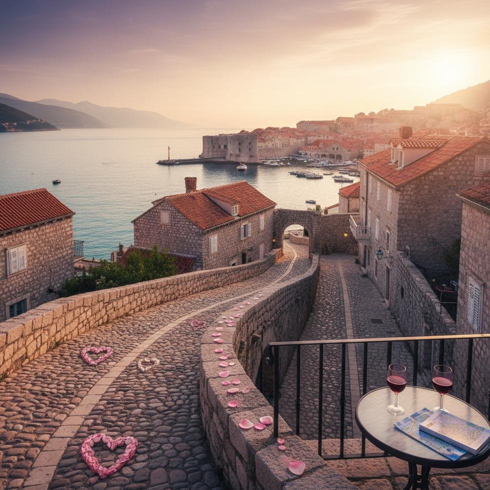 Dubrovnik'te gün batımında yürüyen çift