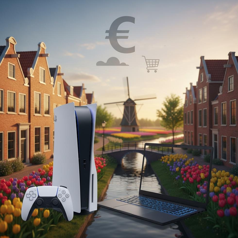 Hollanda'da bir teknoloji mağazasında PS5 ve oyuncu laptopları