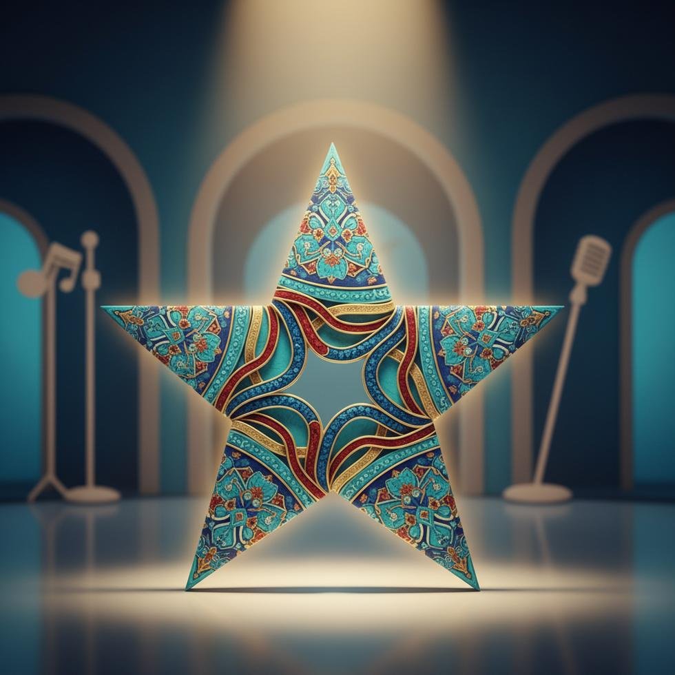 Bir televizyon stüdyosunda sahne ışıkları altında Türk kadın sanatçı portresi.