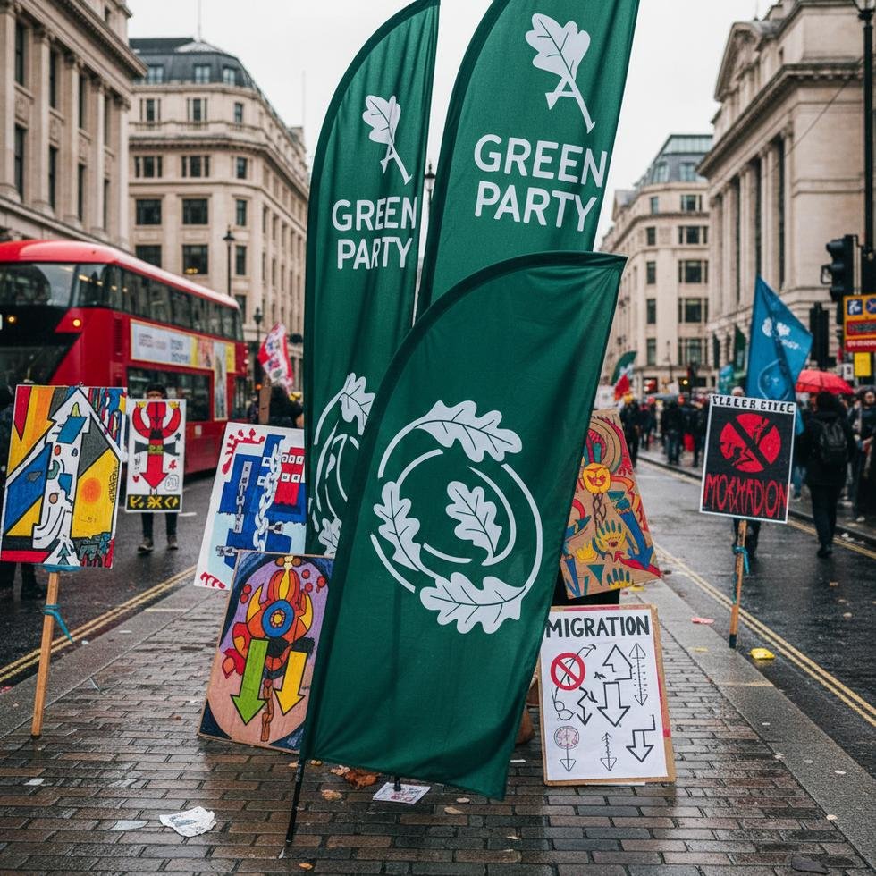 İngiltere'de göç ve siyasi tartışmalar, Green Party ve Nigel Farage'ın posterleriyle süslenmiş bir sokak.