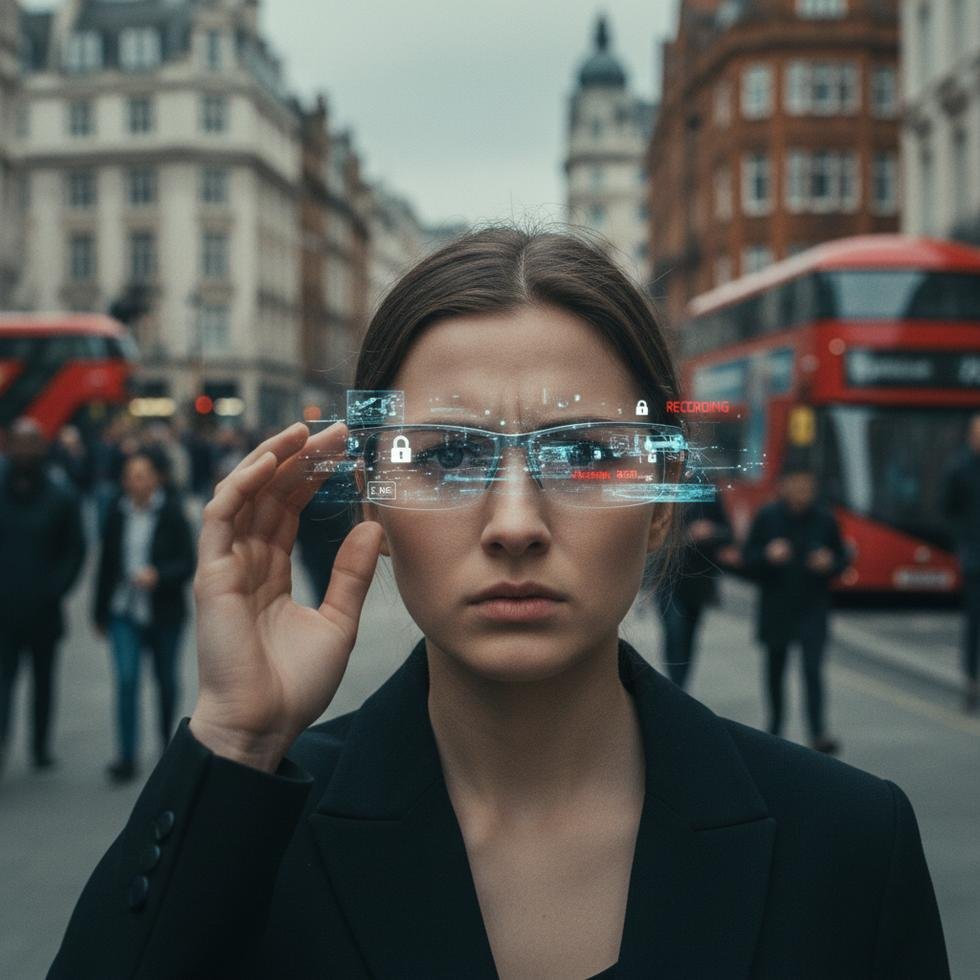 Avrupa kentinde akıllı gözlük takan tedirgin genç kadın