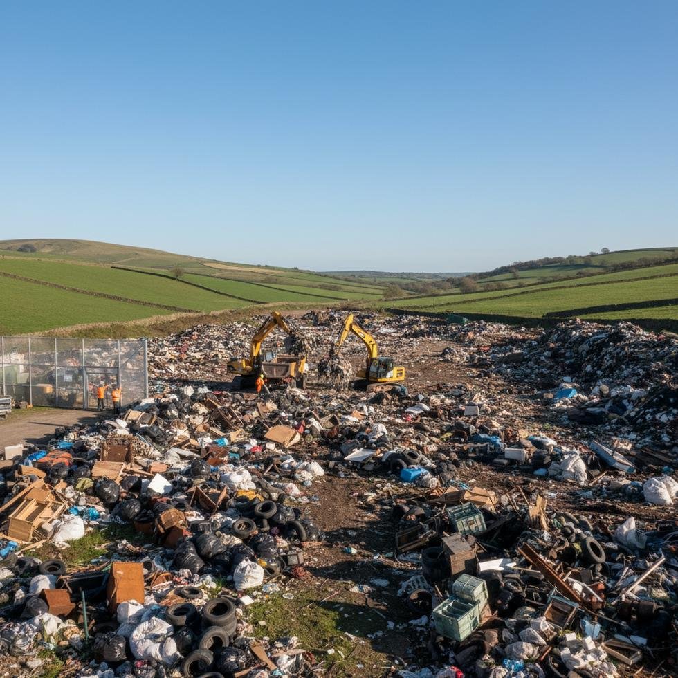 İngiltere kırsalında büyük bir yasadışı atık yığını ve temizlik ekibi.