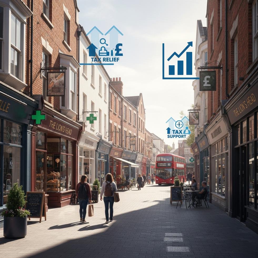 İngiltere’de pub, eczane ve mağazaların bulunduğu bir caddede, vergi indirimi taleplerini anlatan tabelalar mevcut.