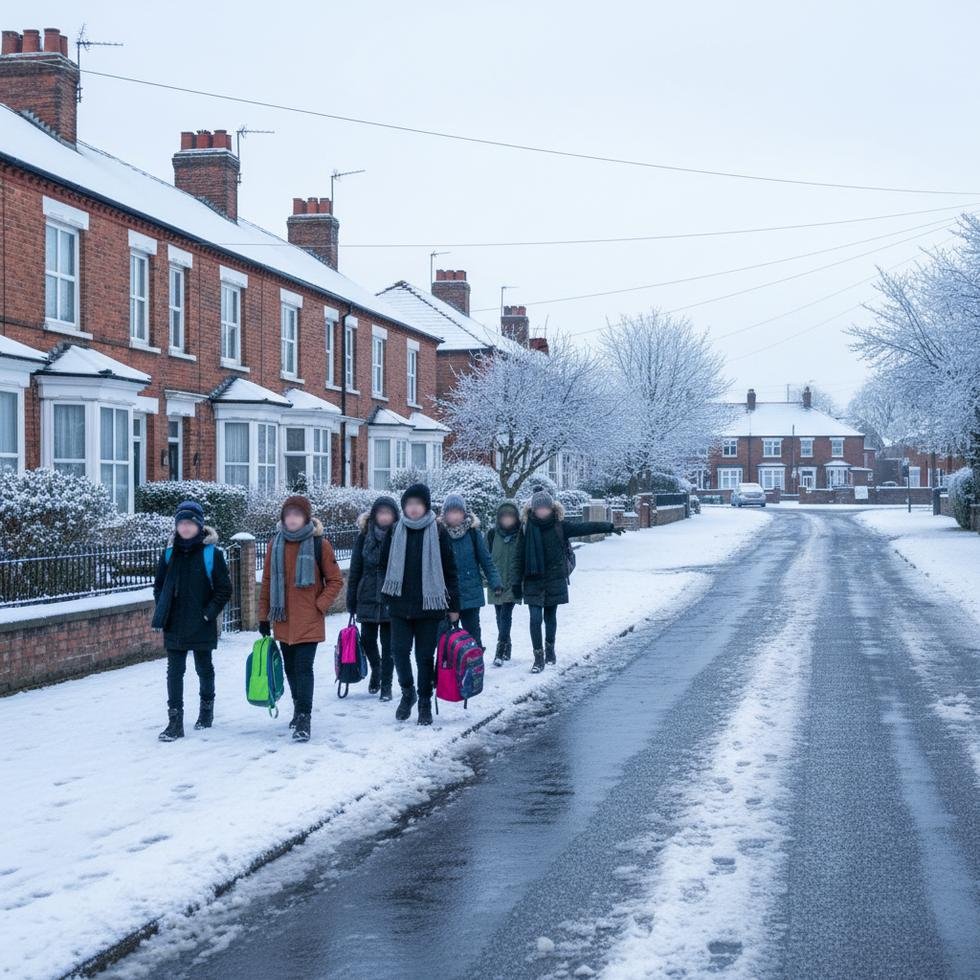 İngiltere’de kar yağışında okula yürüyen öğrenciler