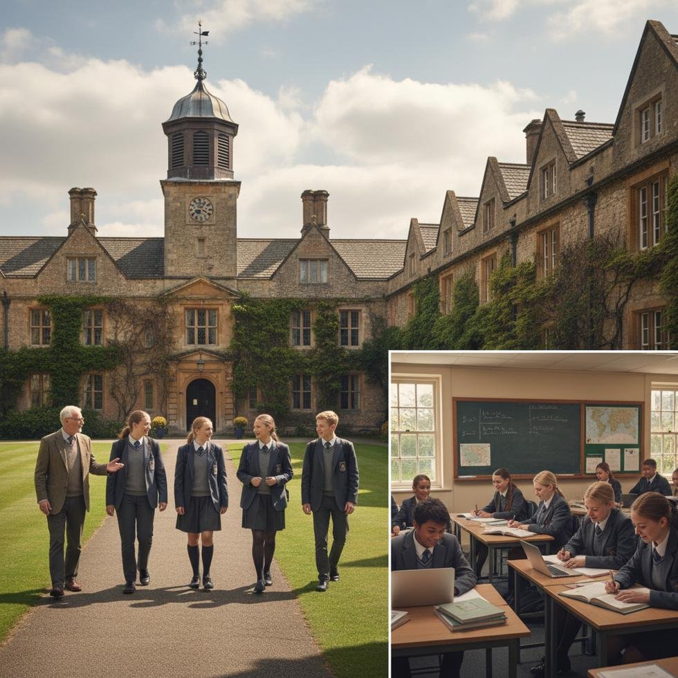 İngiltere’de bir okulda uluslararası lise öğrencileri ve öğretmen