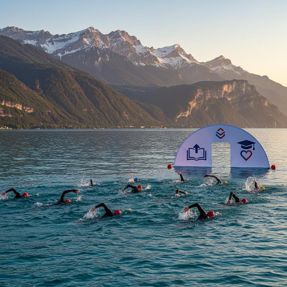 Cenevre Gölü’nde bir hayır etkinliği için yüzen sporcular, arka planda göl ve dağlar.