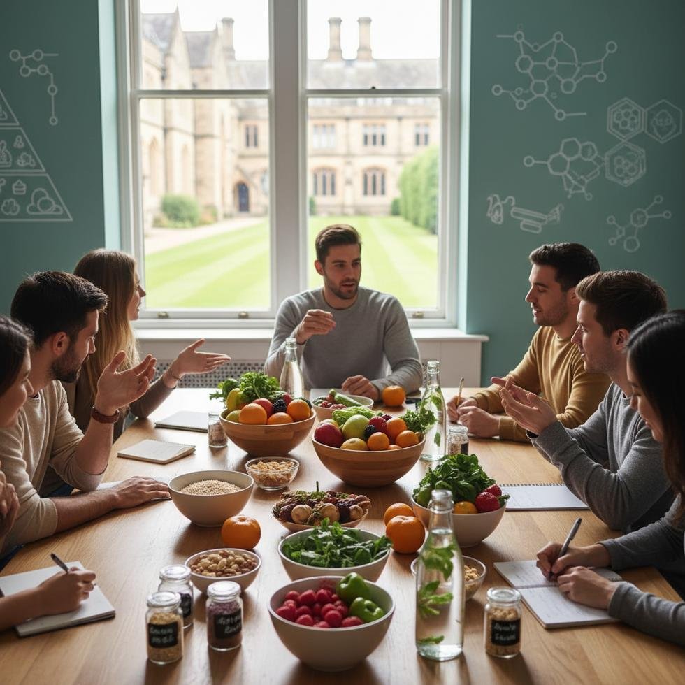 Bir grup İngiliz üniversite öğrencisi, sağlıklı yaşam ve beslenme atölyesi sırasında.
