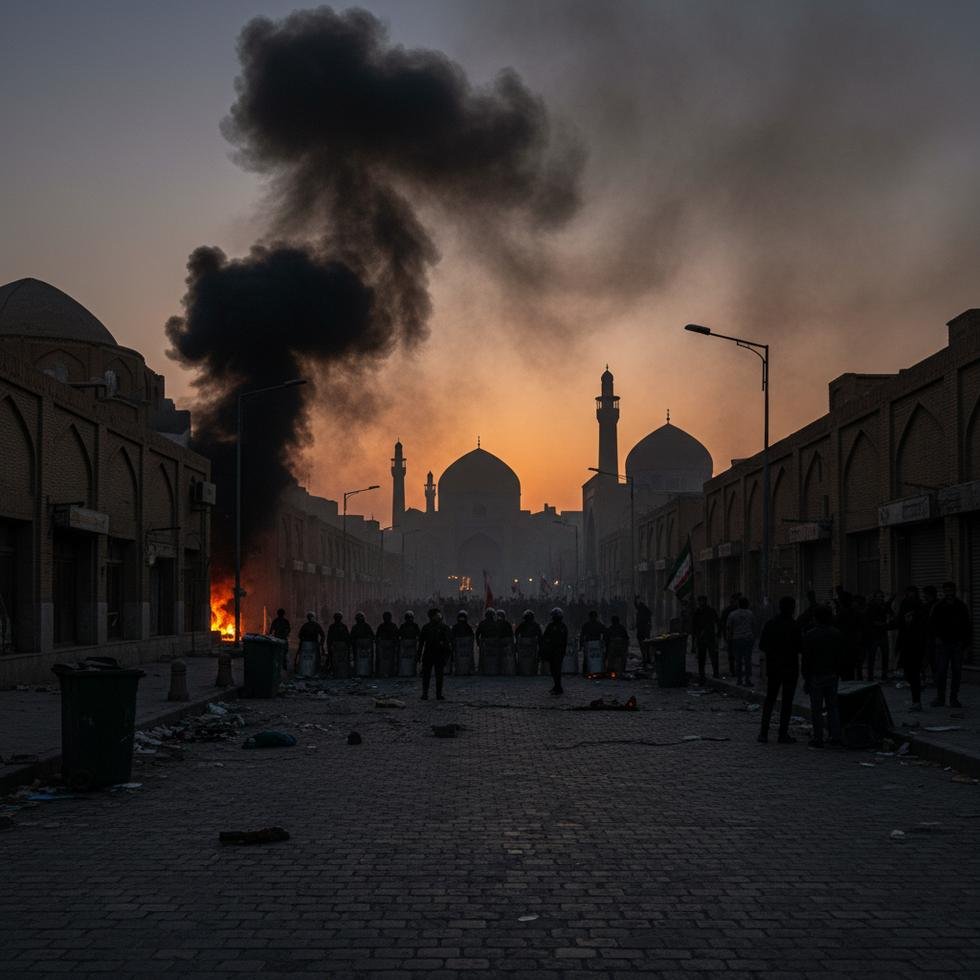 İran'da sokakta polisle karşılaşan protestocular ve dumanlarla dramatik bir atmosfer