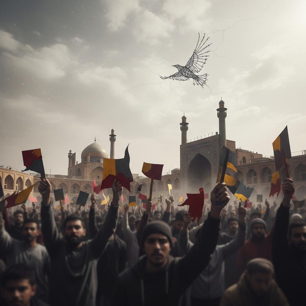 İran'daki protestolar sırasında göstericiler ve İran bayrakları