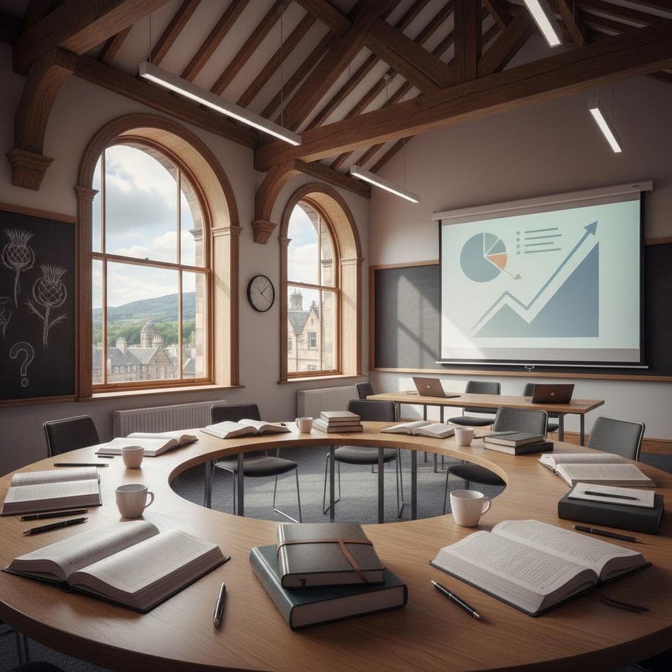 A group of teachers discussing inside a classroom