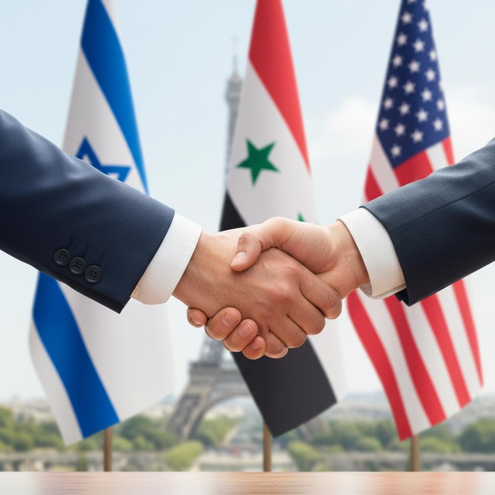 İsrail, Suriye ve ABD bayrakları önünde Paris’te el sıkışan diplomatlar