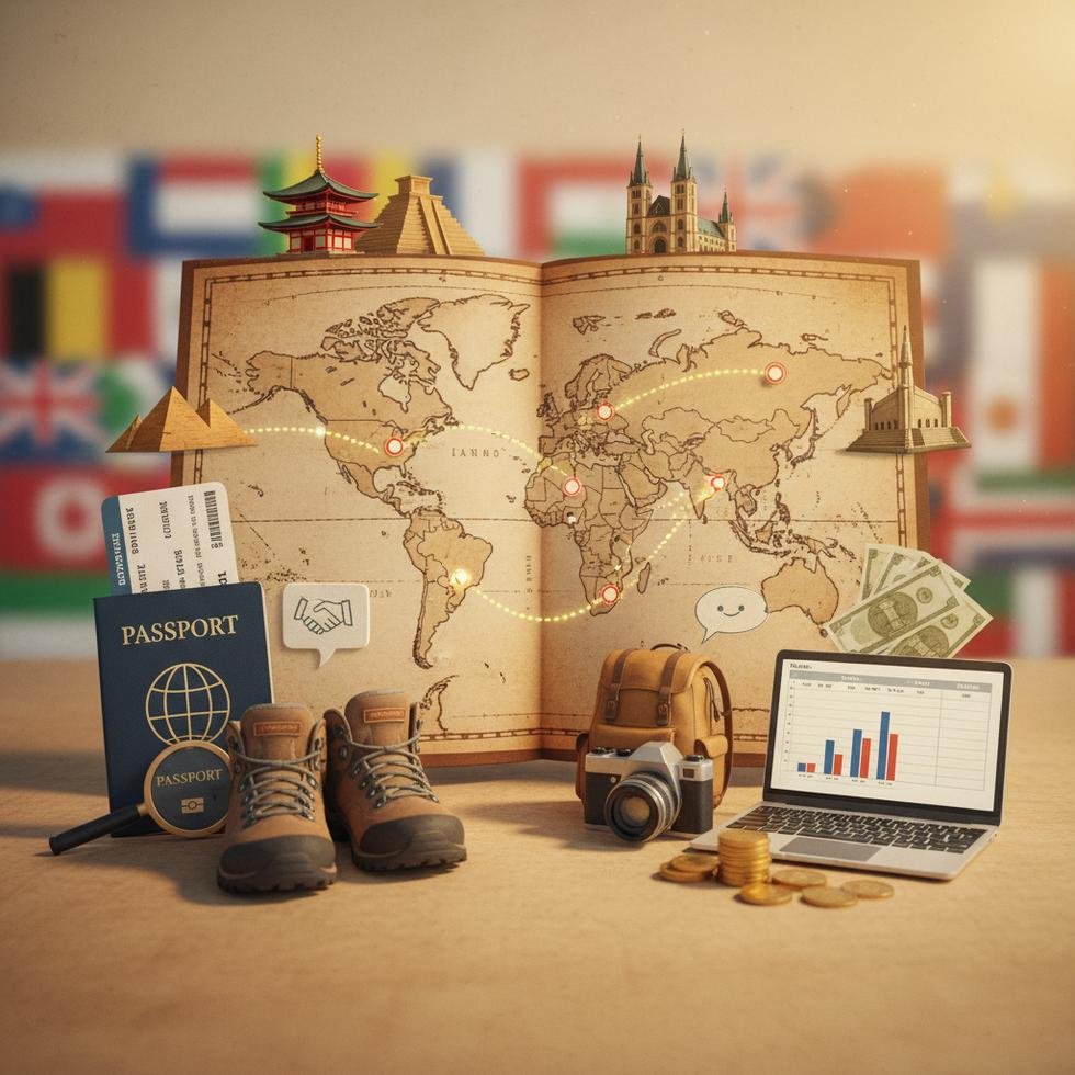 Yurt dışı eğitim planı yapan bir öğrenci pasaport ve harita ile