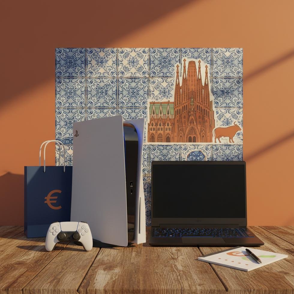 İspanya'da PS5 ve oyun laptop fiyatlarını gösteren tablo ve cihaz görselleri