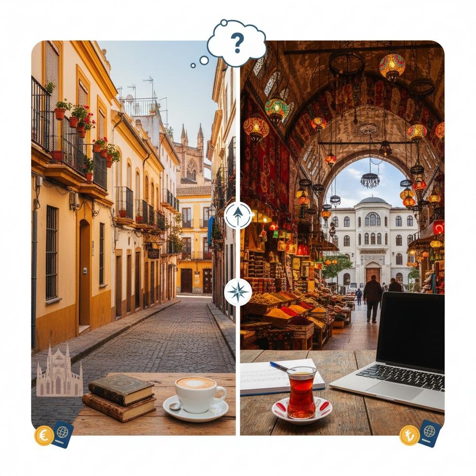 İspanya ve Türkiye'de öğrenci yaşamını karşılaştıran harita ve simgeler