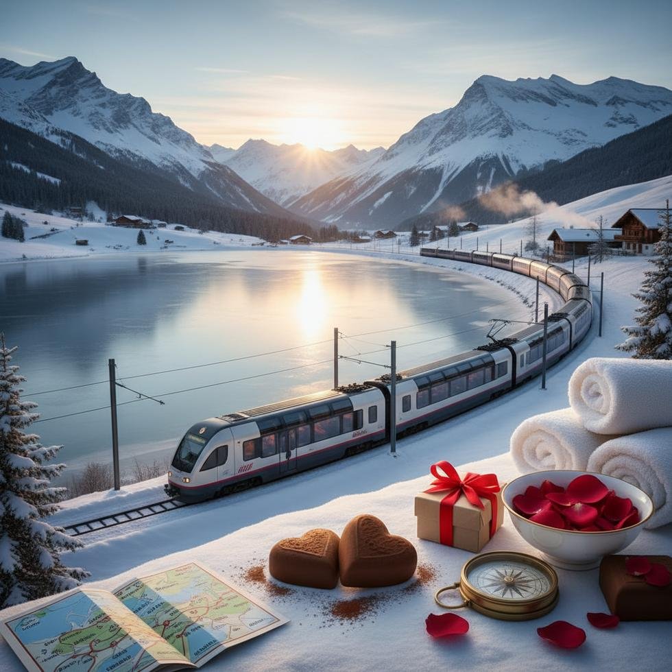 İsviçre Alplerinde karla kaplı bir vadide sevgililer yürüyüşte