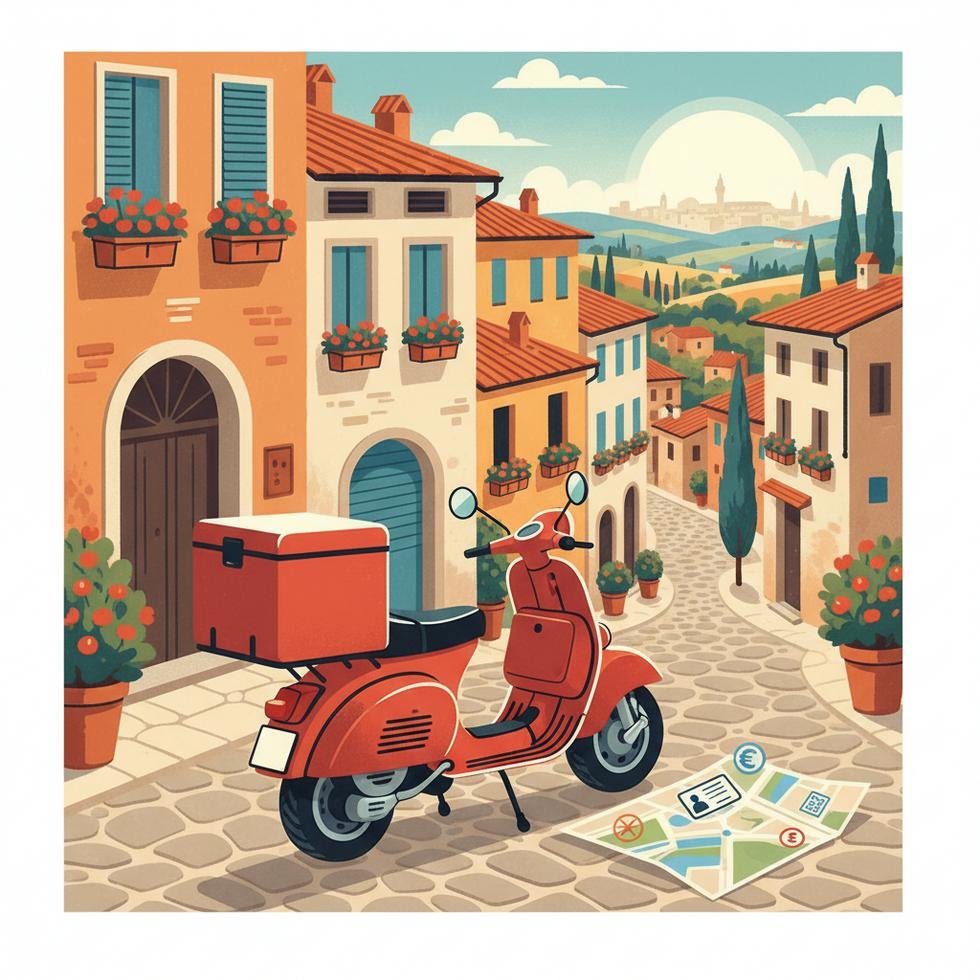 İtalya’da çalışan bir kurye motosiklet üzerinde teslimat yaparken