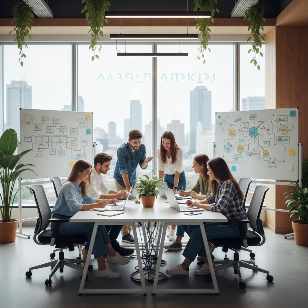 Genç öğrenciler staj programına katılırken modern ofiste