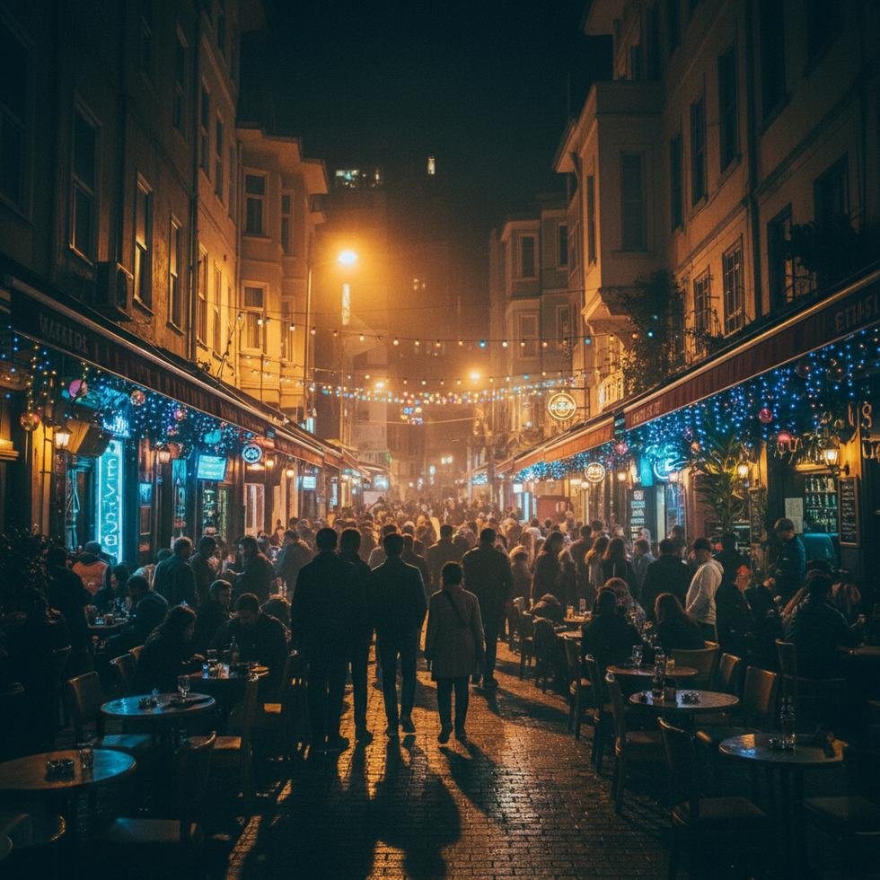 Kadıköy gece hayatında kalabalık bar ve renkli ışıklar