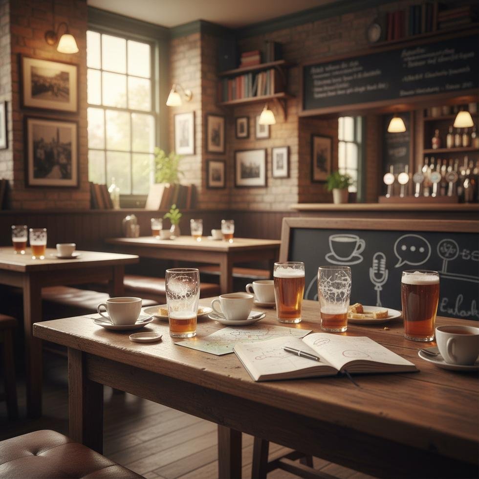 İngiltere'de bir kafede sohbet eden öğrenciler