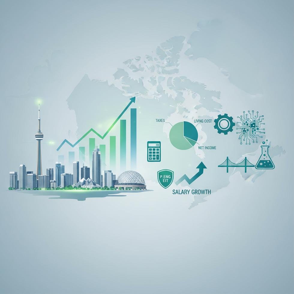 Kanada haritası üzerinde mühendislik simgeleri ve maaş dağılımları