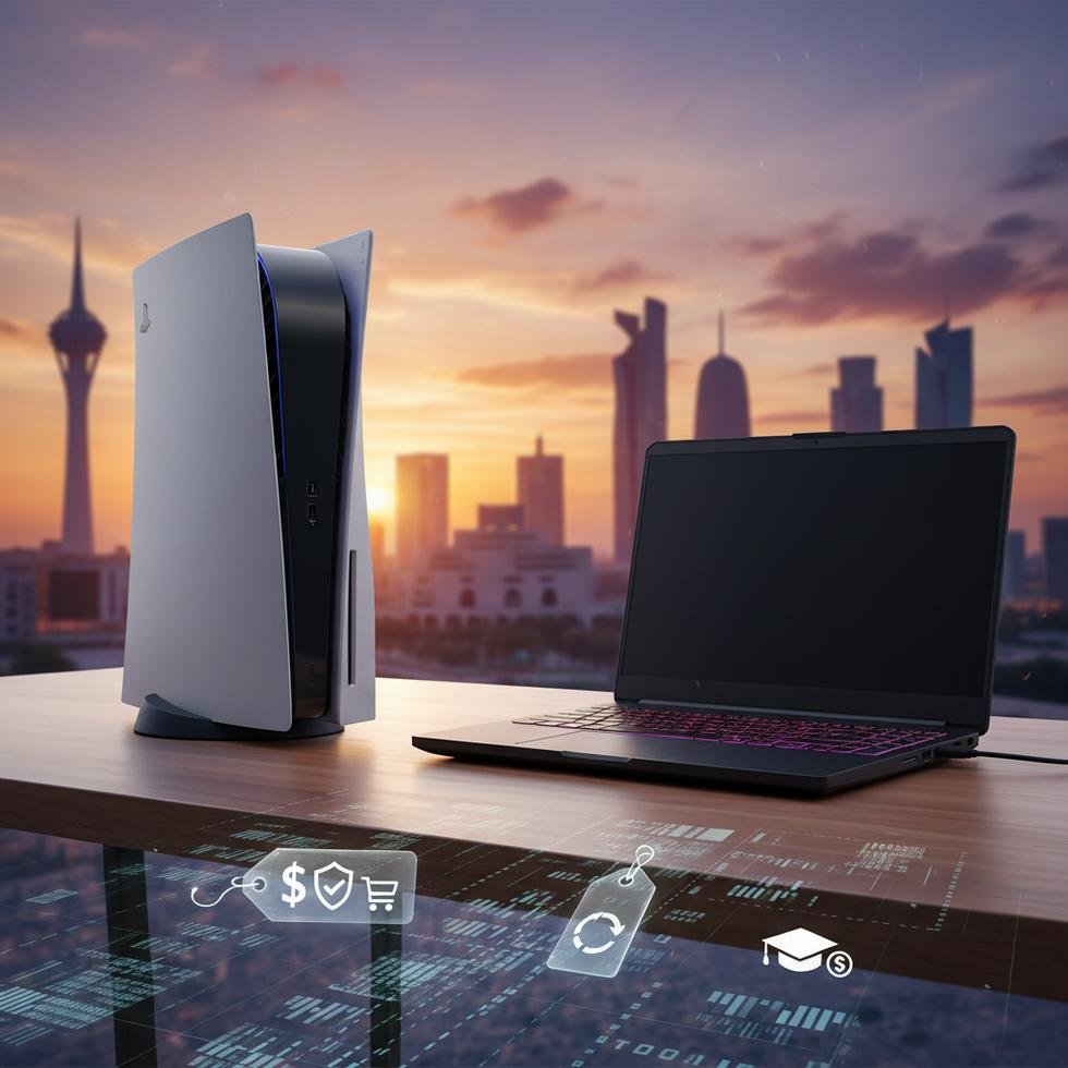 Katar'daki bir teknoloji mağazasında sergilenen PS5 ve gaming laptop’lar