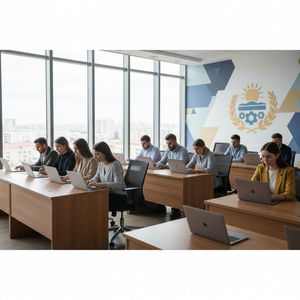 Genç profesyoneller sınav sonuçlarını dizüstü bilgisayarlarıyla inceliyor