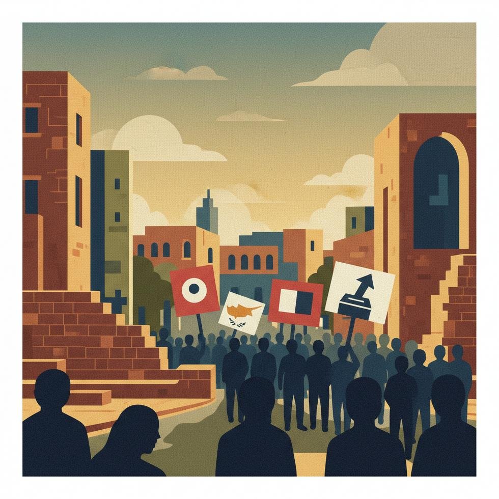 Kıbrıs Rum Kesimi'nde seçim kampanyası ve siyasi protestoları gösteren modern ve kalabalık bir sahne.