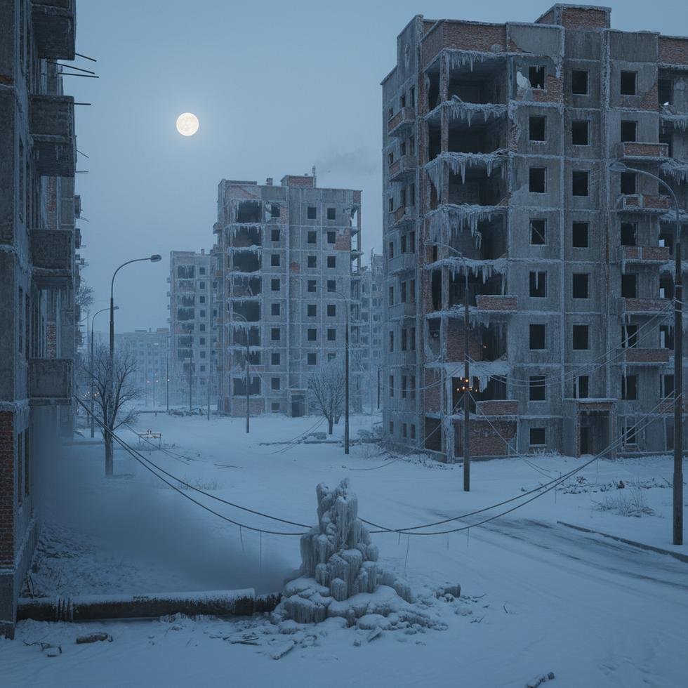 Snow-covered street in Kyiv with damaged power lines during winter blackout