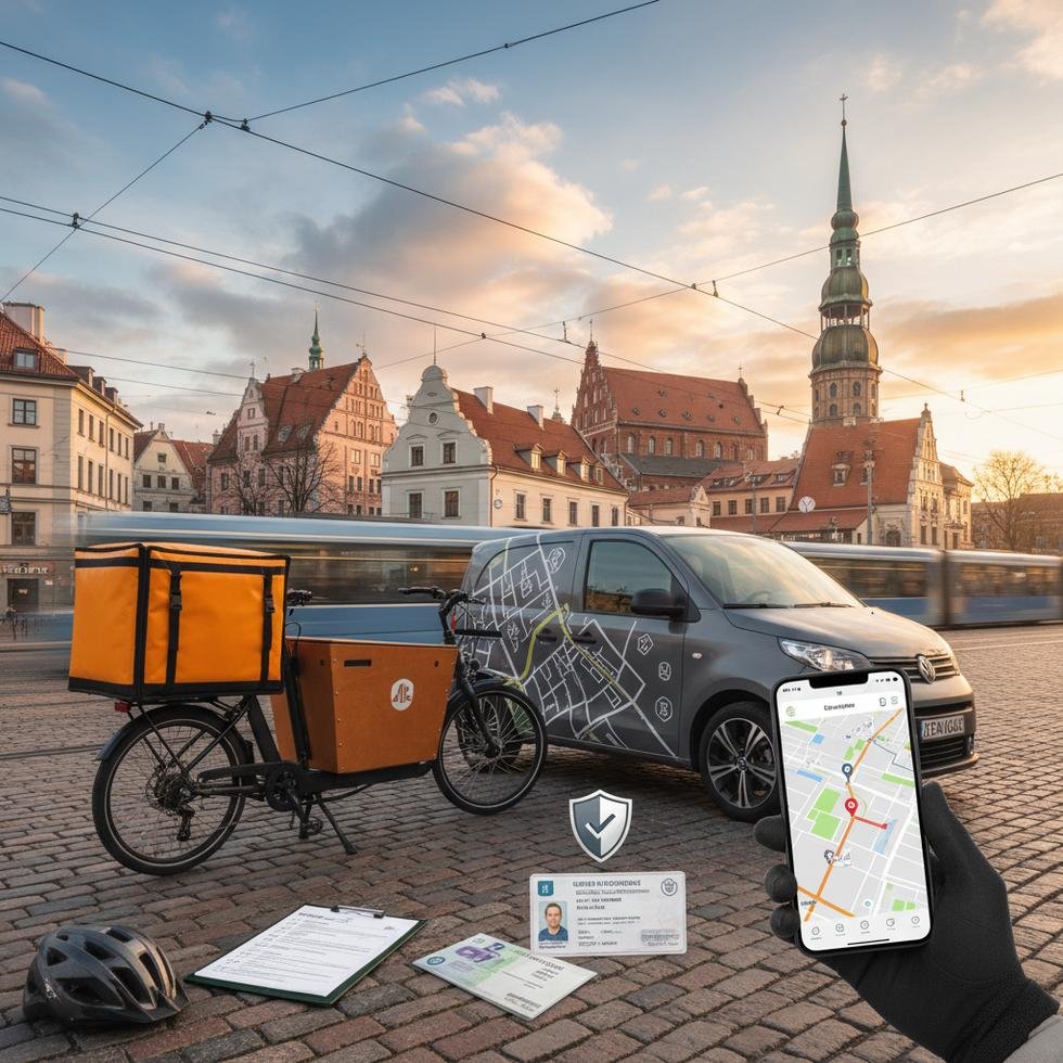 Letonya'da kask takan bisikletli bir kurye teslimat yaparken