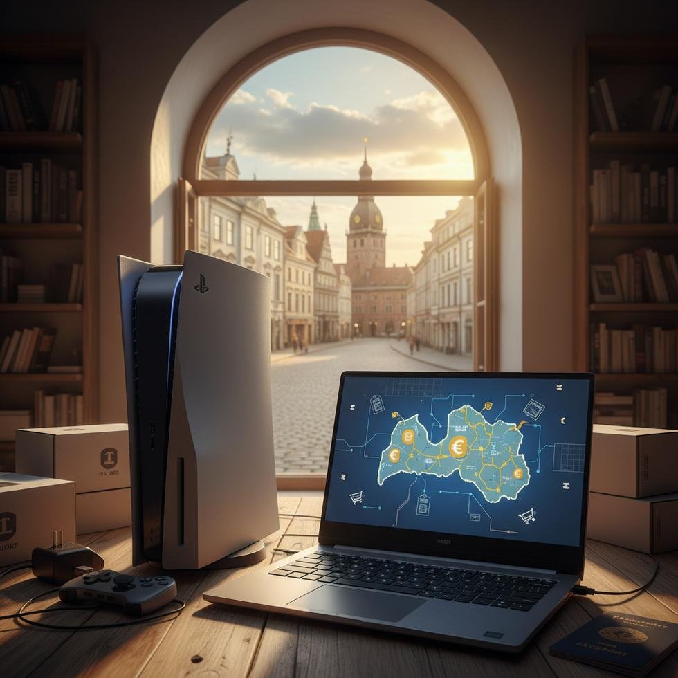 Letonya’da vitrin önünde PS5 ve gaming laptop modelleri