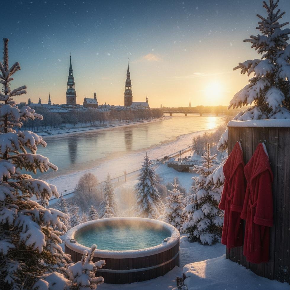 Karlı Riga sokaklarında romantik yürüyüş yapan çift