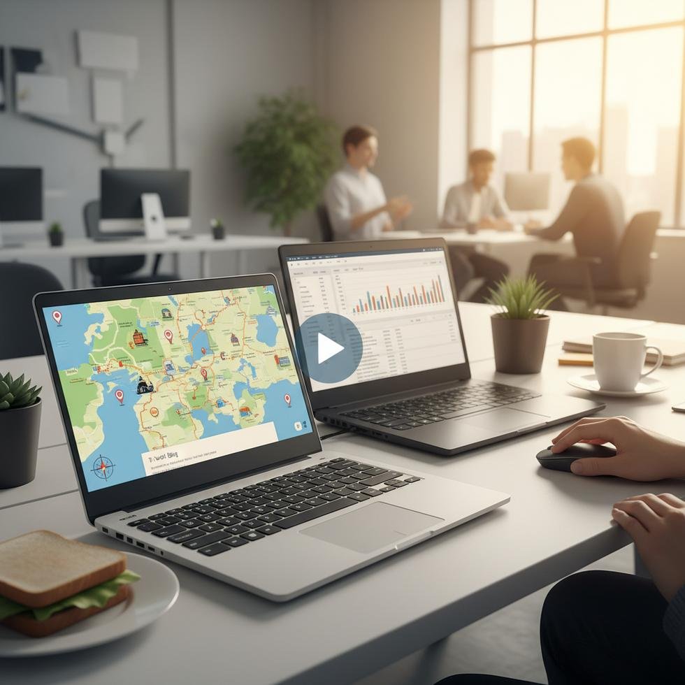 An office worker secretly working on a laptop while handling another job