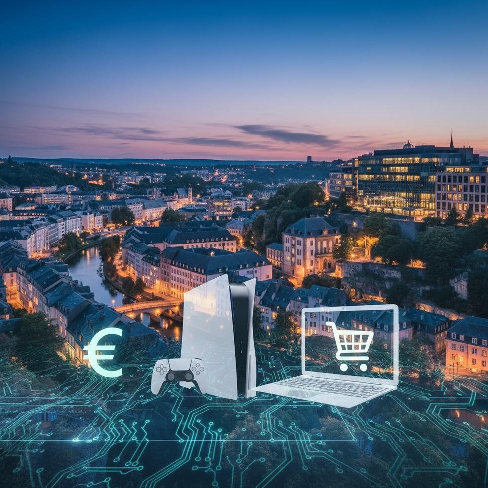 Lüksemburg'da mağazada sergilenen PS5 ve gaming laptop modelleri