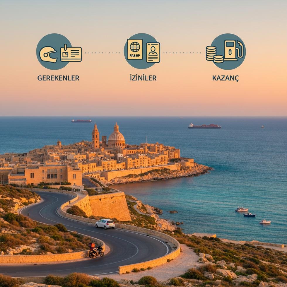 Malta'da kurye çantası taşıyan motosikletli bir sürücü