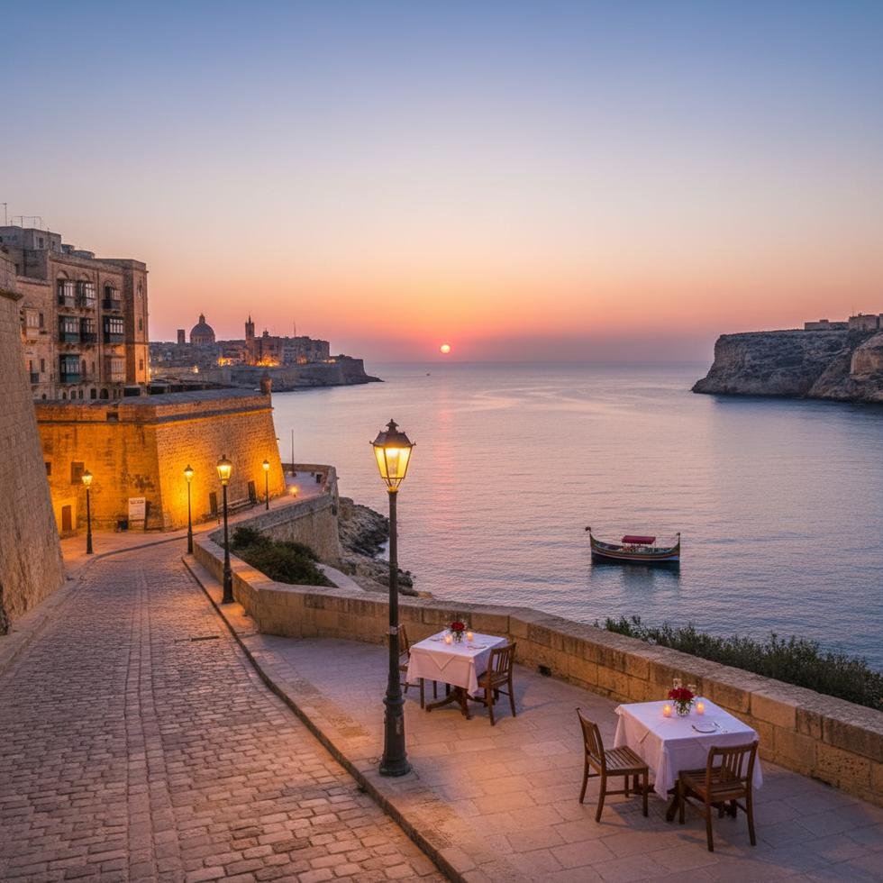 Malta’da gün batımında yürüyen çift