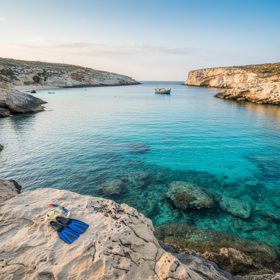 Malta'da şnorkel yapan bir kişi berrak koyda yüzüyor