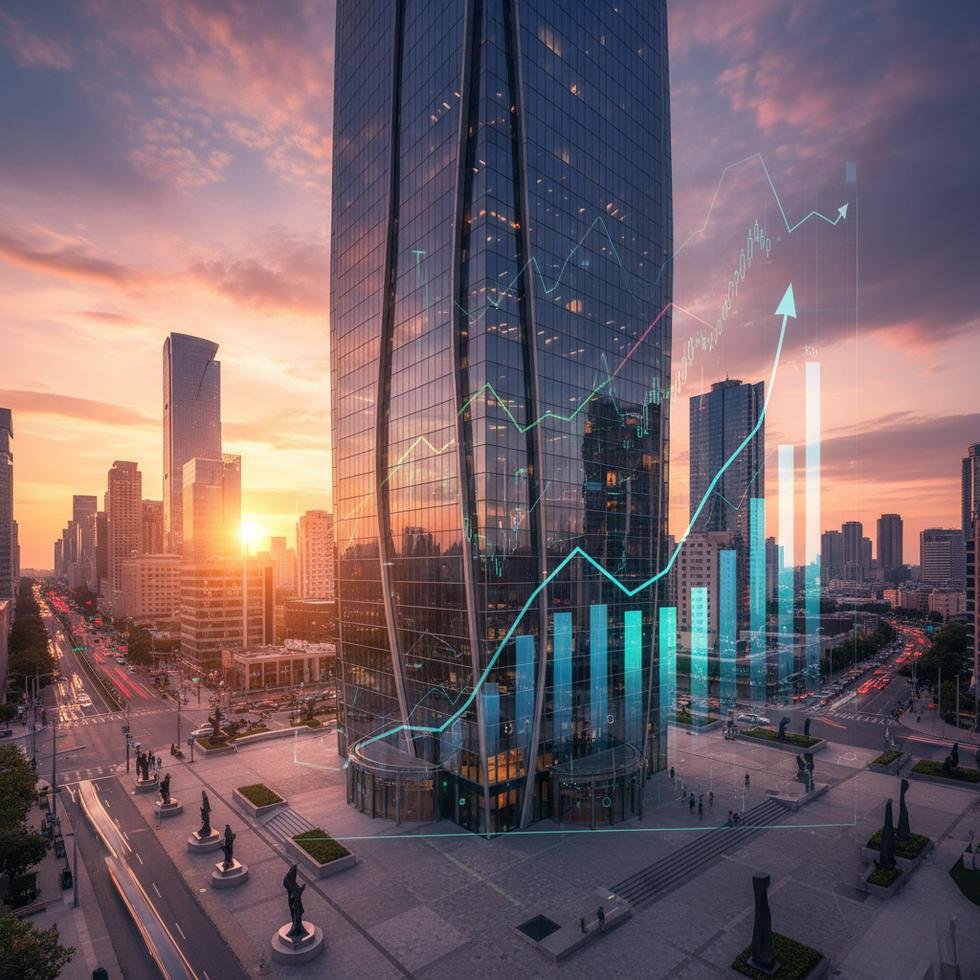 Central bank building with digital financial data overlays