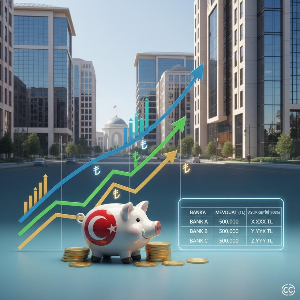 Türk lirası ve banka binalarının önünde mevduat faiz getirilerini gösteren bir tablo