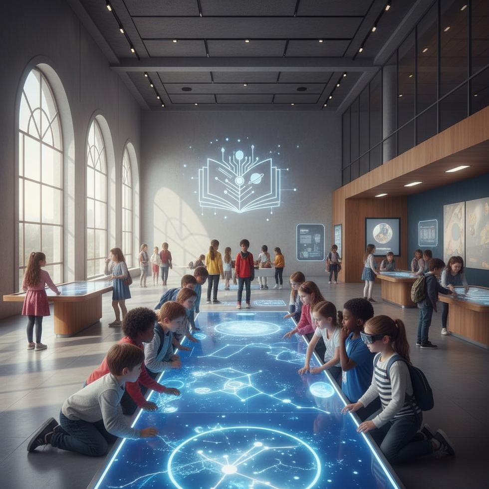 Children interacting with digital museum exhibits for educational learning outside classroom