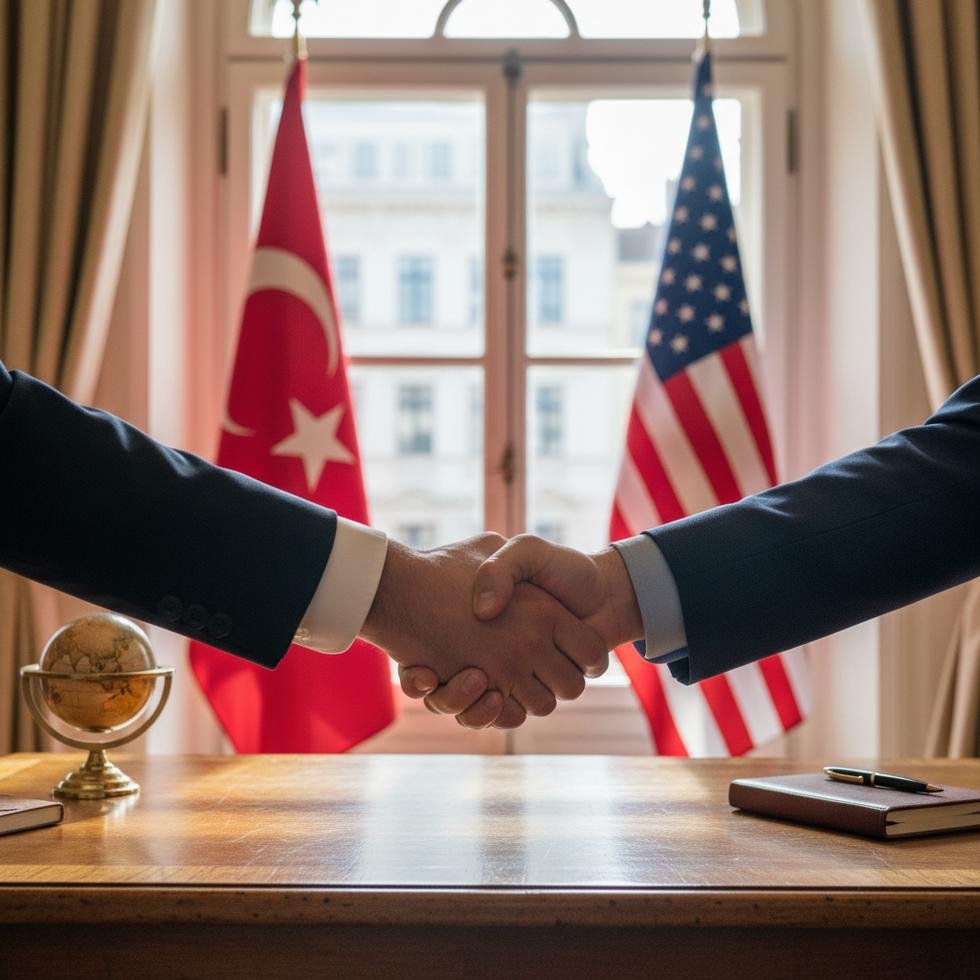 Türkiye ve ABD bayrakları önünde resmi görüşme yapan yetkililer