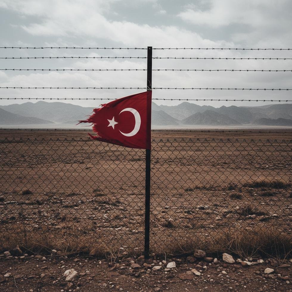 Turkish flag on border fence symbolizing national security