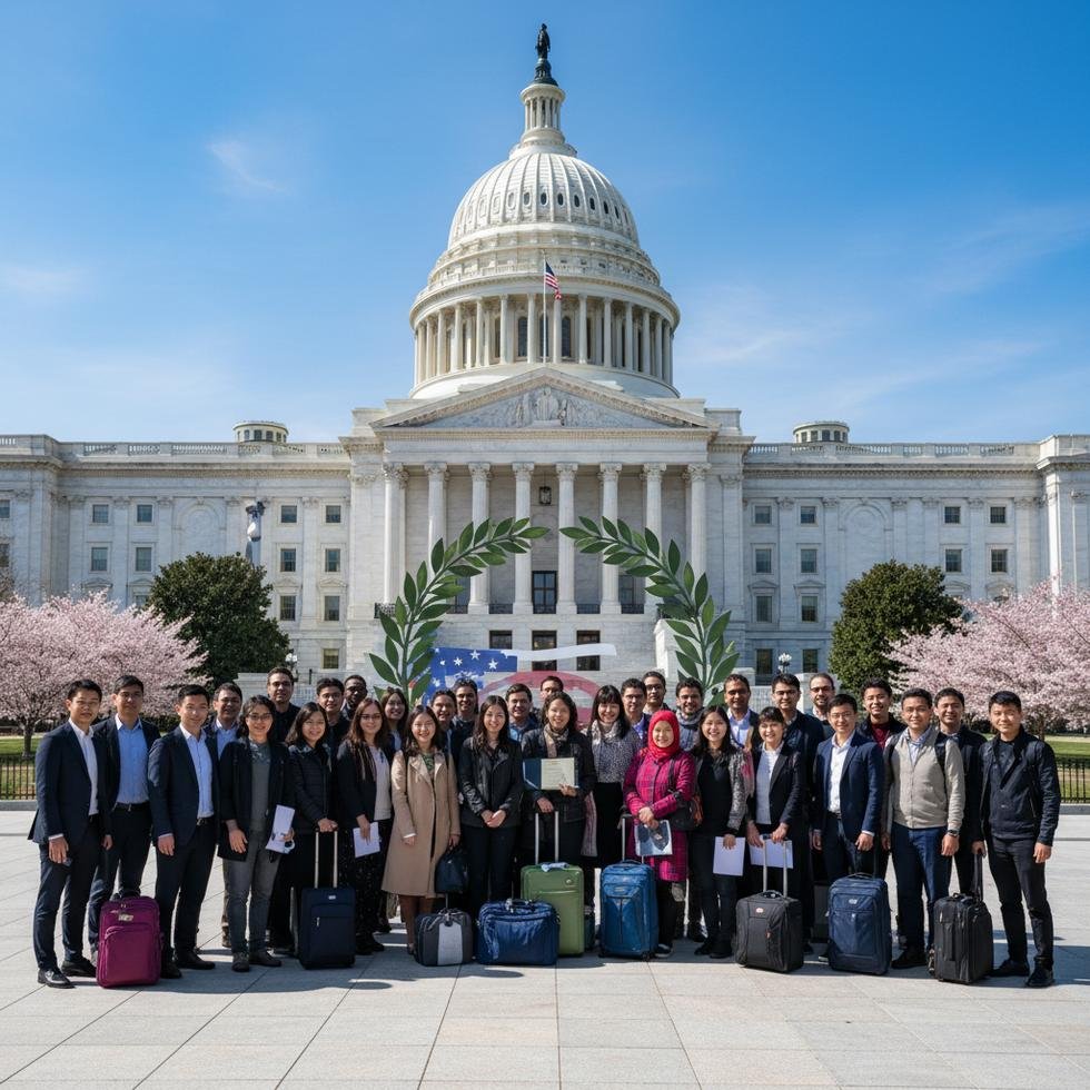 ABD hükümet binası önünde toplanan göçmenler ve resmi yetkililer