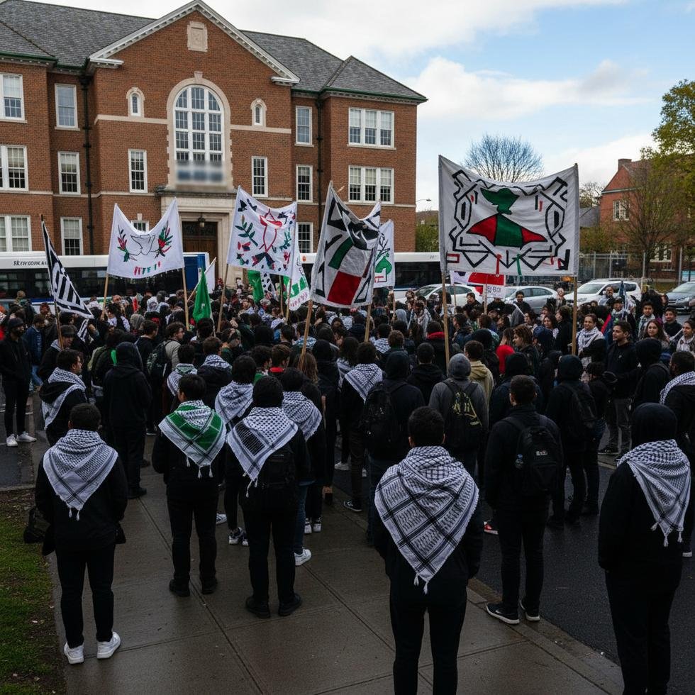 School protest with students holding banners outside school