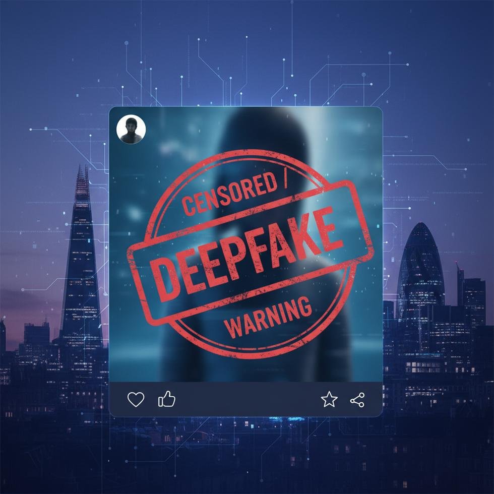 London city with digital deepfake image and censorship warning on a virtual screen