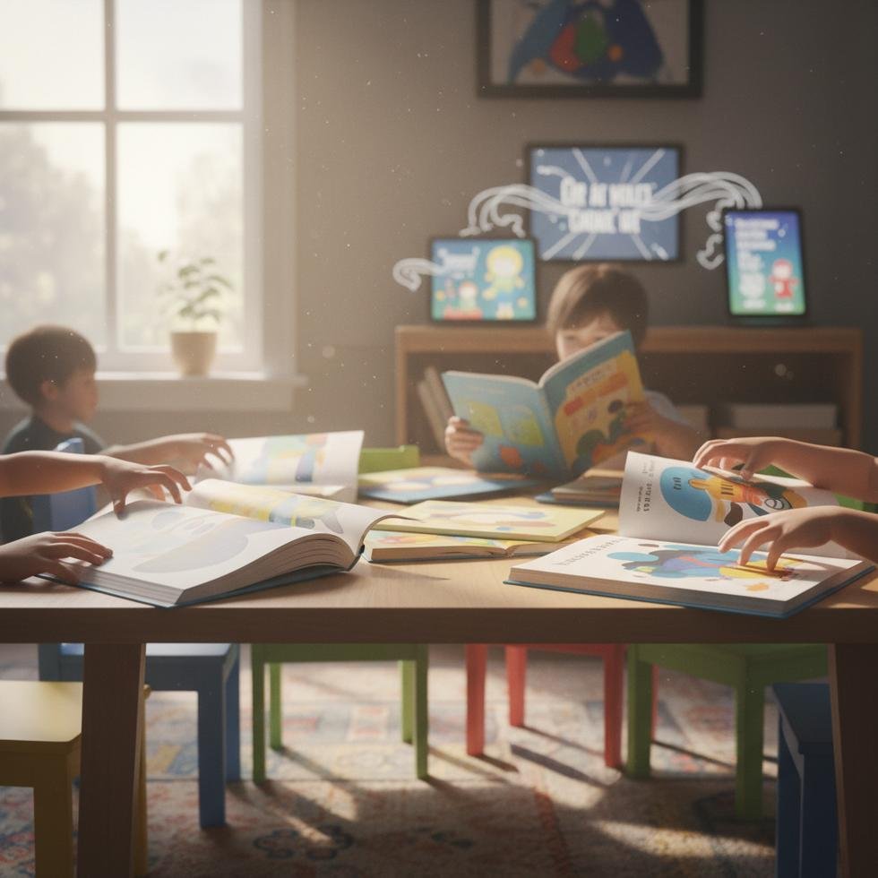 Young children having difficulties using physical books, attempting to swipe pages