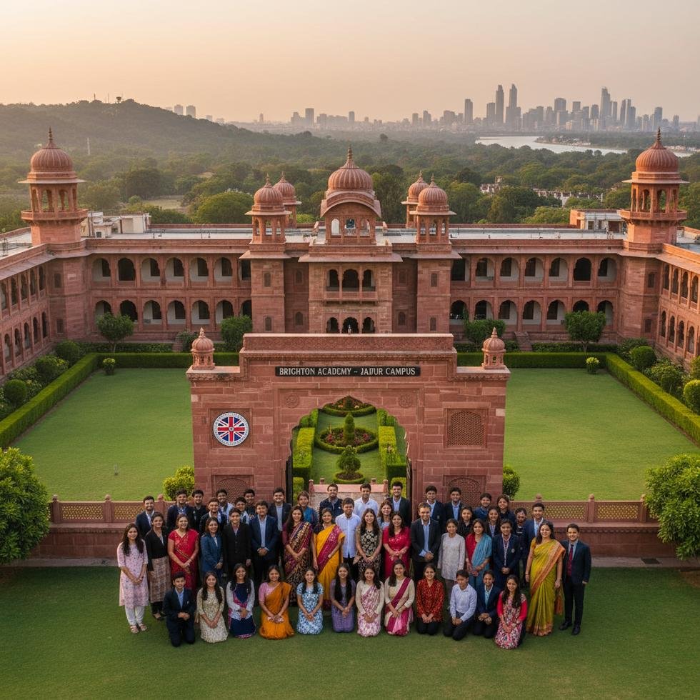 İngiliz Leicester şehrinin ismini taşıyan Hint okulunun önünde öğrenciler ve öğretmenler.