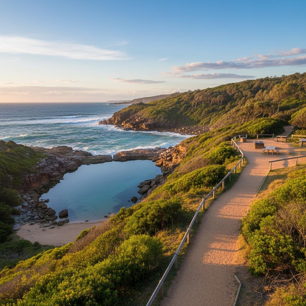 Laguna Lookout'tan Noosa sahiline gün batımı manzarası